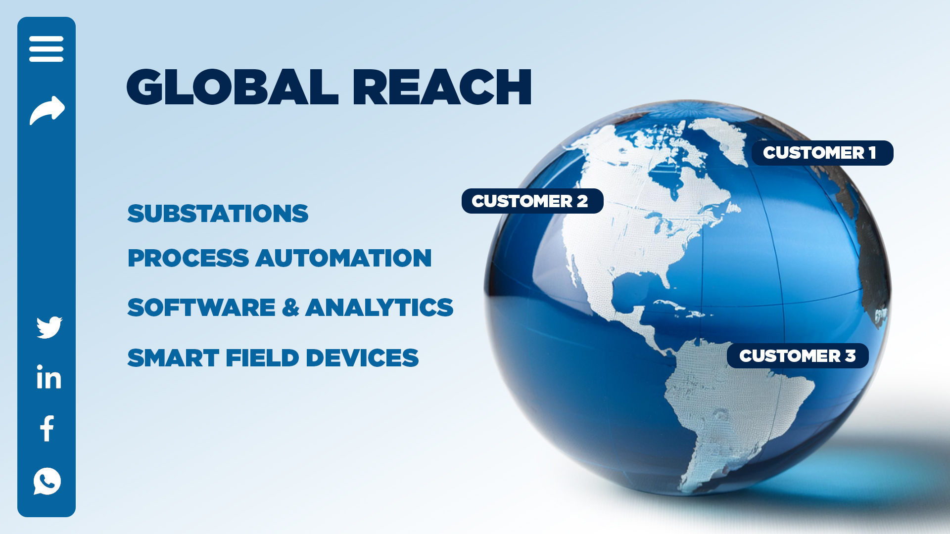 Branded cover interface with a 3D globe and global-reach navigation