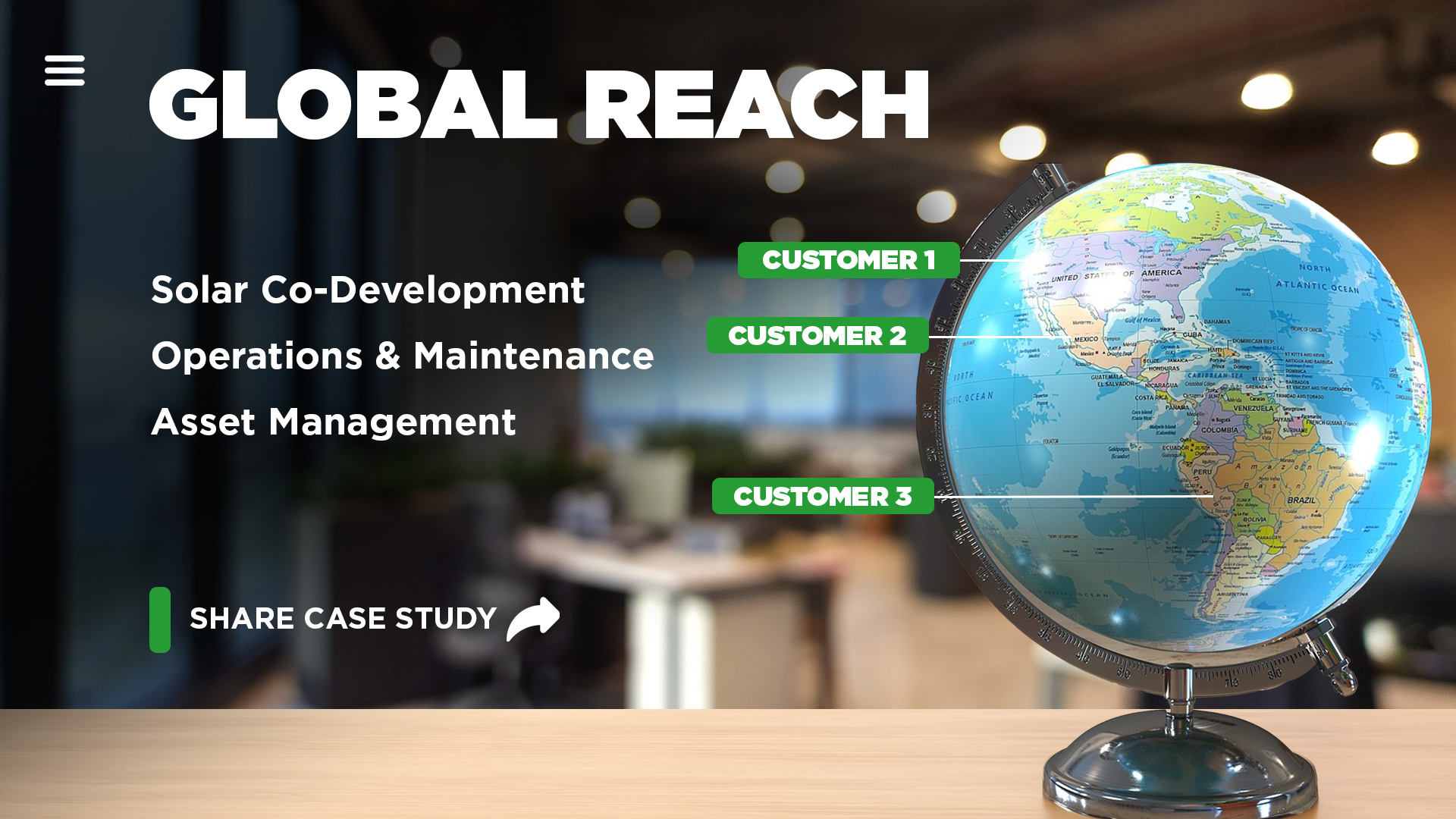 Branded cover interface highlighting global reach and customer locations